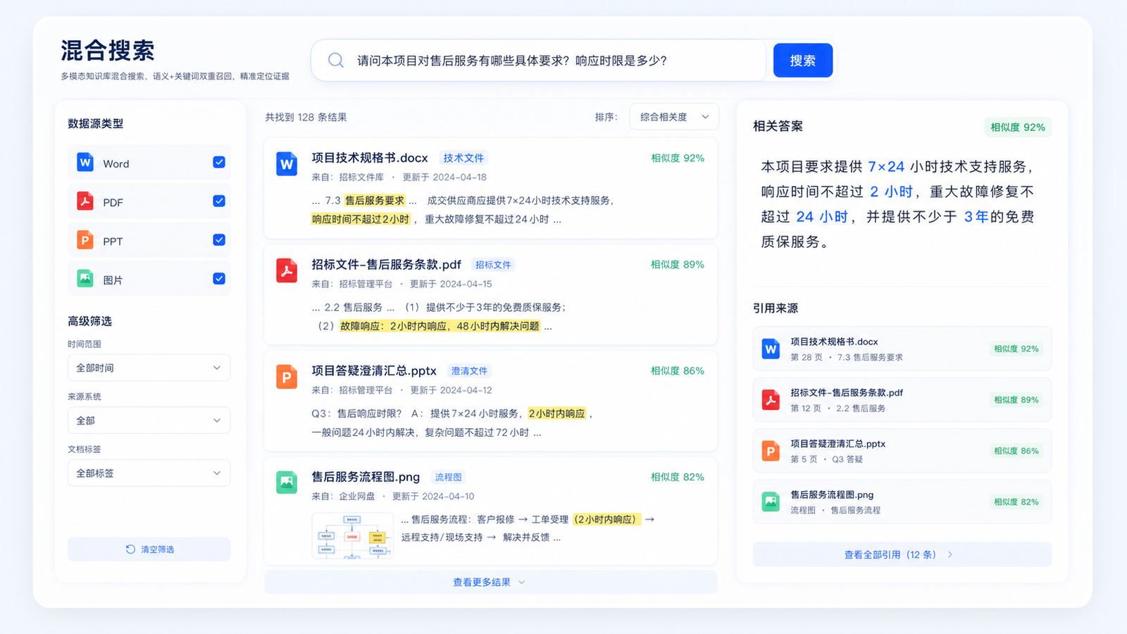 智能标书多模态知识库混合搜索界面示意图