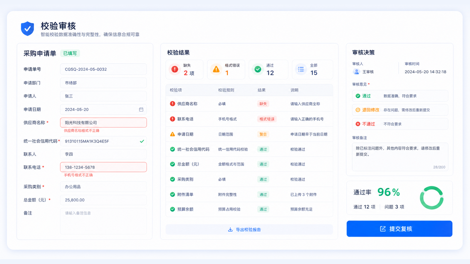 智能填表智能校验与审核界面示意图
